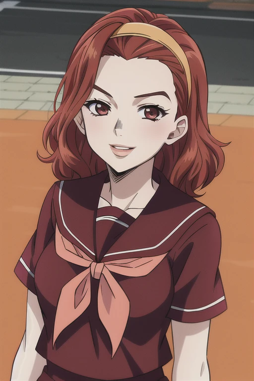 masterpiece, best quality, absurdres, 1girl, red hair, curly hair, hairband, medium  breasts, parted lips, evil smile, serafuku, red shirt, short sleeves, black neckerchief, (streets, outdoors, orange sky), araki hirohiko (artstyle), diamond wa kudakenai, upper body, portrait, young