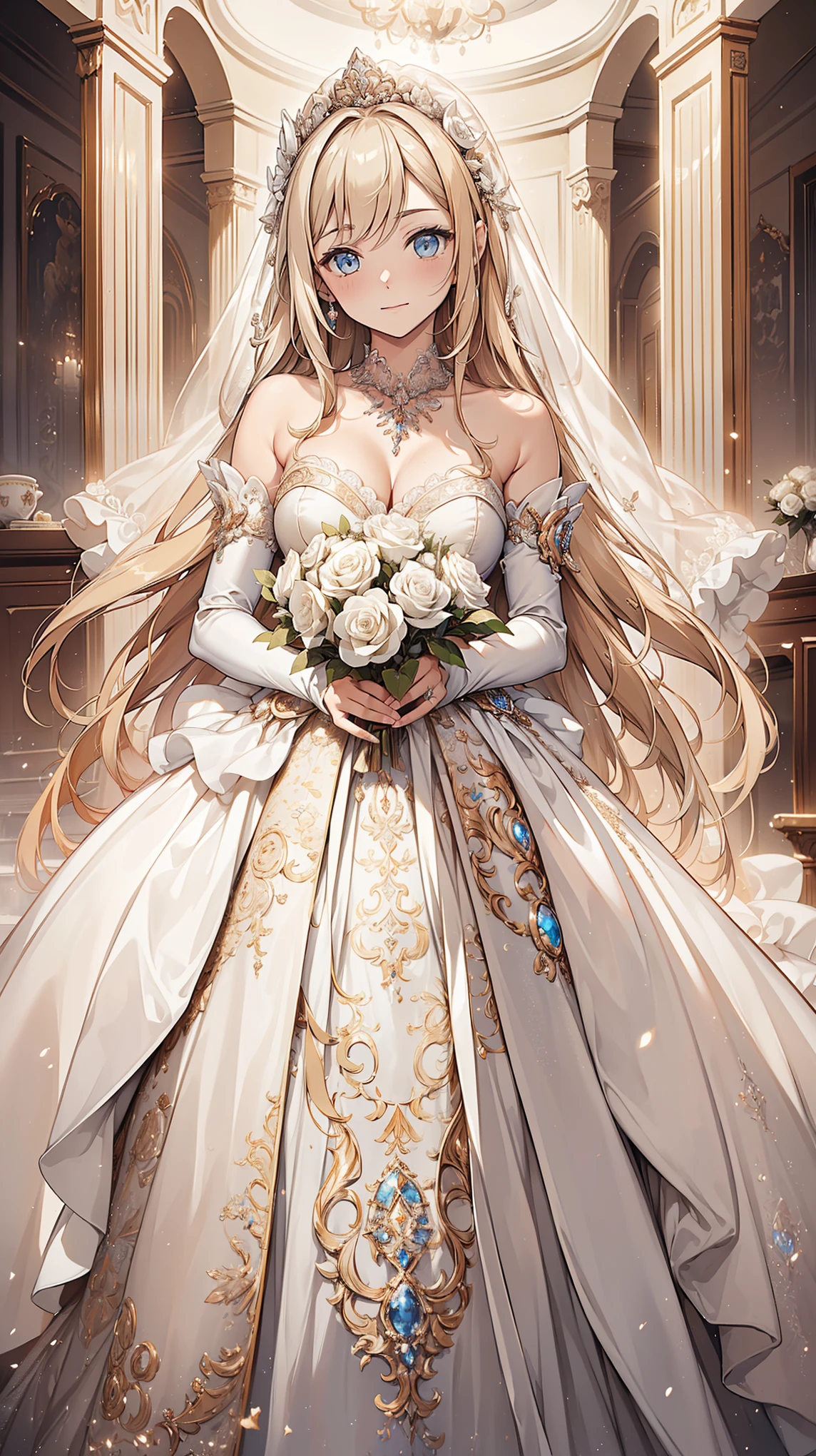 ( masterpiece , best quality, Beautiful and Aesthetic:1.3), watching the audience , 1 girl at home, solitary, faint smile, (cosmetic, Long hair, Light Beige Hair, blue eyes:1.2), octagonal rendering , Wedding Dress, lace embellished dress, transparent, Wedding Dress, Outdoor, White Rose, garden, morning, eternal, Extremely detailed,