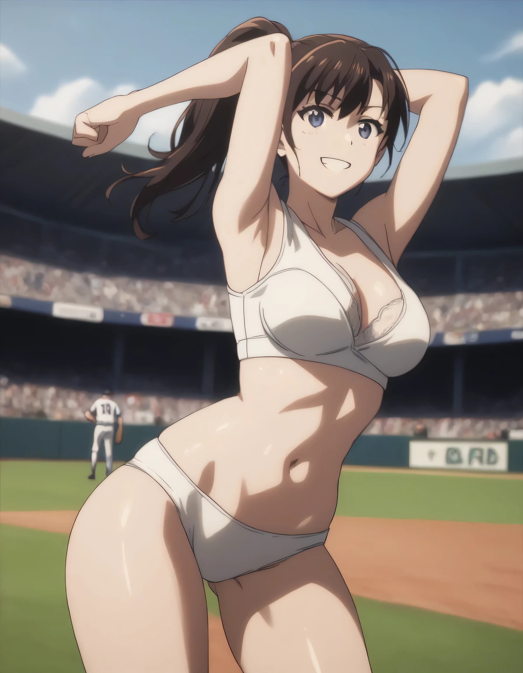 score_9, score_8_up, score_7_up, gsfghtr, ponytail, white bra, white panties, 1girl, smile, (navel), building, one hand behind head, (armpit), (thigh), baseball field