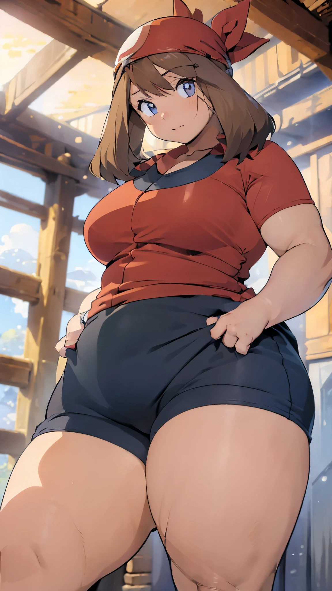 A single girl wearing a red t-shirt and black cycling shorts((  Cowboy Shots )),Brown Hair, blue eyes,short hair, chubby body,  enchanting looks  ,I'm wearing black cycling shorts((From below)),Brown Hair,Red Bandanaを頭に着けている, is standing((From below)), raise your arms ,gloves,Blushed,Happy,Hands on head, Cowboy Shots ((From below)), open thighs((From below)), THICK THIGS ,wide abdomen,Red Bandana,Camel toe,grassland