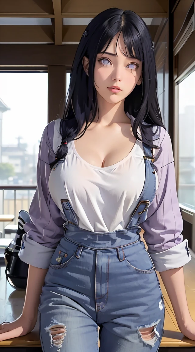 tmasterpiece， best qualityer， ultra - detailed， illustration，1girll，
long whitr hair，dark-blue hair，french braid，Purple eye，bluntbangs，cleavage，Large breasts
shirt，（jeans overalls：1.1），
mideum breasts， 
looking at viewert，hyouka/（Boruto/），Detailed lips