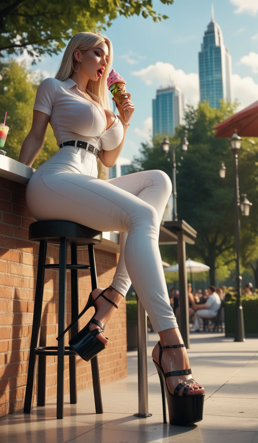 Image from below, salen, thin, thin legs, huge breasts, white shirt, sitting in High stool, park, detailing the body, high-rise building, shiny skins, white pants, platform shoes high heels, the ice cream fell on her breasts, suffering from heat, sweat, having an ice cream,