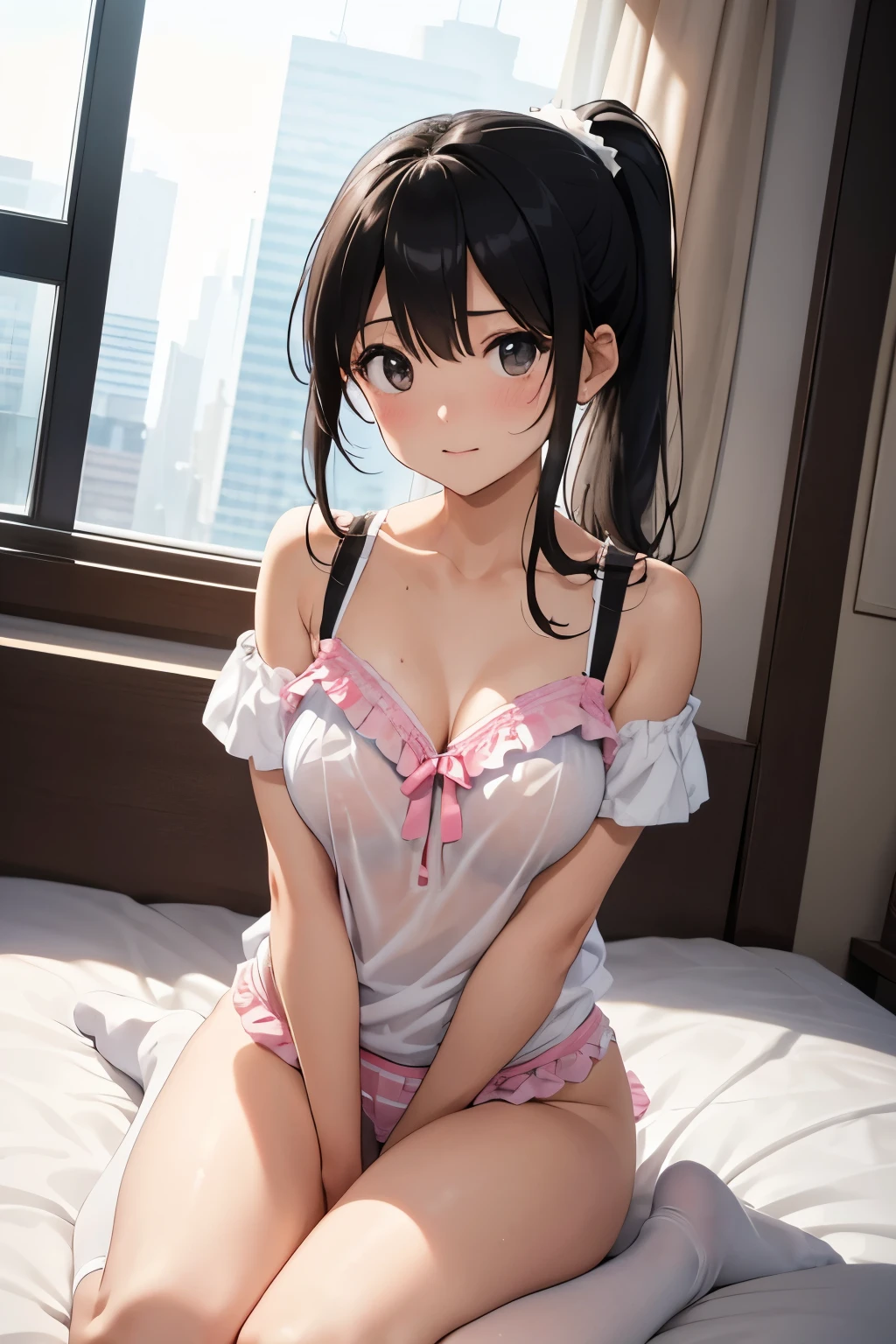 ４ｋquality, 最高quality, superior_Mikoto, ponytail、Brown eyes, Black Hair, Mid-chest,）ベッドのsuperior　See-through white lingerie　１６Year　Sexy pose　Fascinating　Sweating profusely　Soaking wet　Torchlight　Beautiful feet　Beautiful Abs