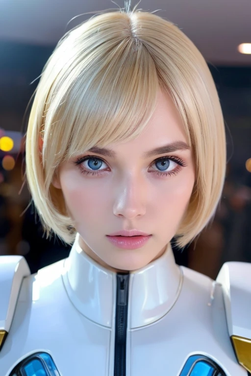 A short straight silky blonde haired sweden girl, bang, bright blue eyes, 15 years old, young, pale skin, frightened, insecure expression, Ultra high res, uhd, (photorealistic:1.4), doll-like face, in spaceship, wearing futuristic spacesuit, carrying futuristic laser gun, sweaty