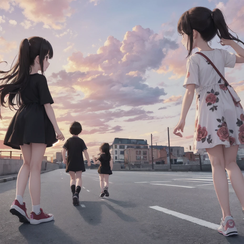 (Best Quality, masterpiece:1.3), (( one pretty girl:1.2)), ( kids, :1.4),  rose twin tail , hair, Alone, Outdoor, cloud, black hair,  dress, 白いshoes, Red Sky, shoes, Short sleeve, sneakers,  ,  Brown Eyes , white  dress, full body, ( dynamic pose :1.3), day, cloudy sky, Floral print, 前hair, Blue Sky, glass, , tree,  closed mouth, city, From below,  Running,