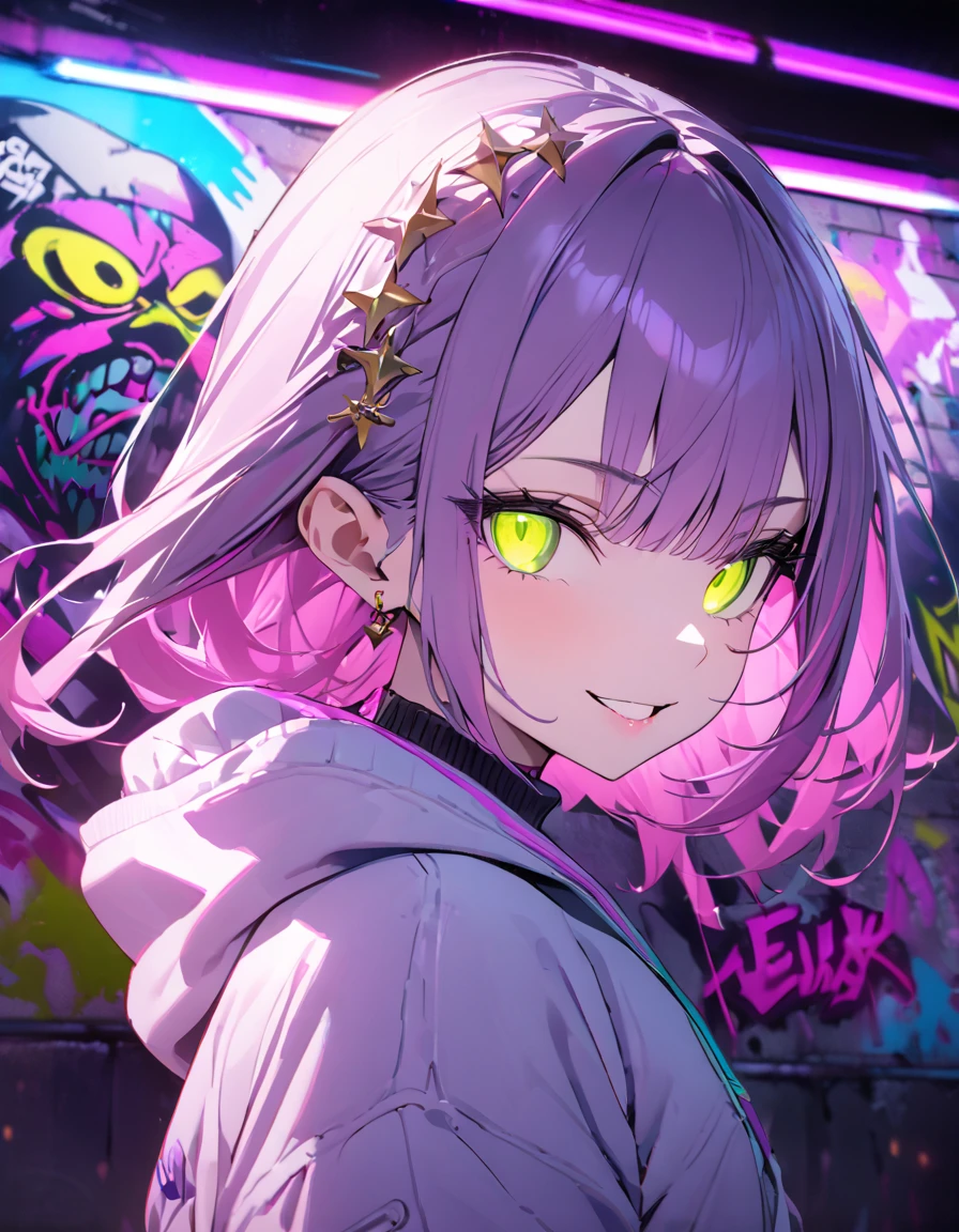 masterpiece, Best Quality, 8k, detailed background , masterpiece, Best Quality, smile,  ornament,  hoodie, Portraiture, Neon Purple, graffiti, dark, night, Shining Eyes,  Black Light 