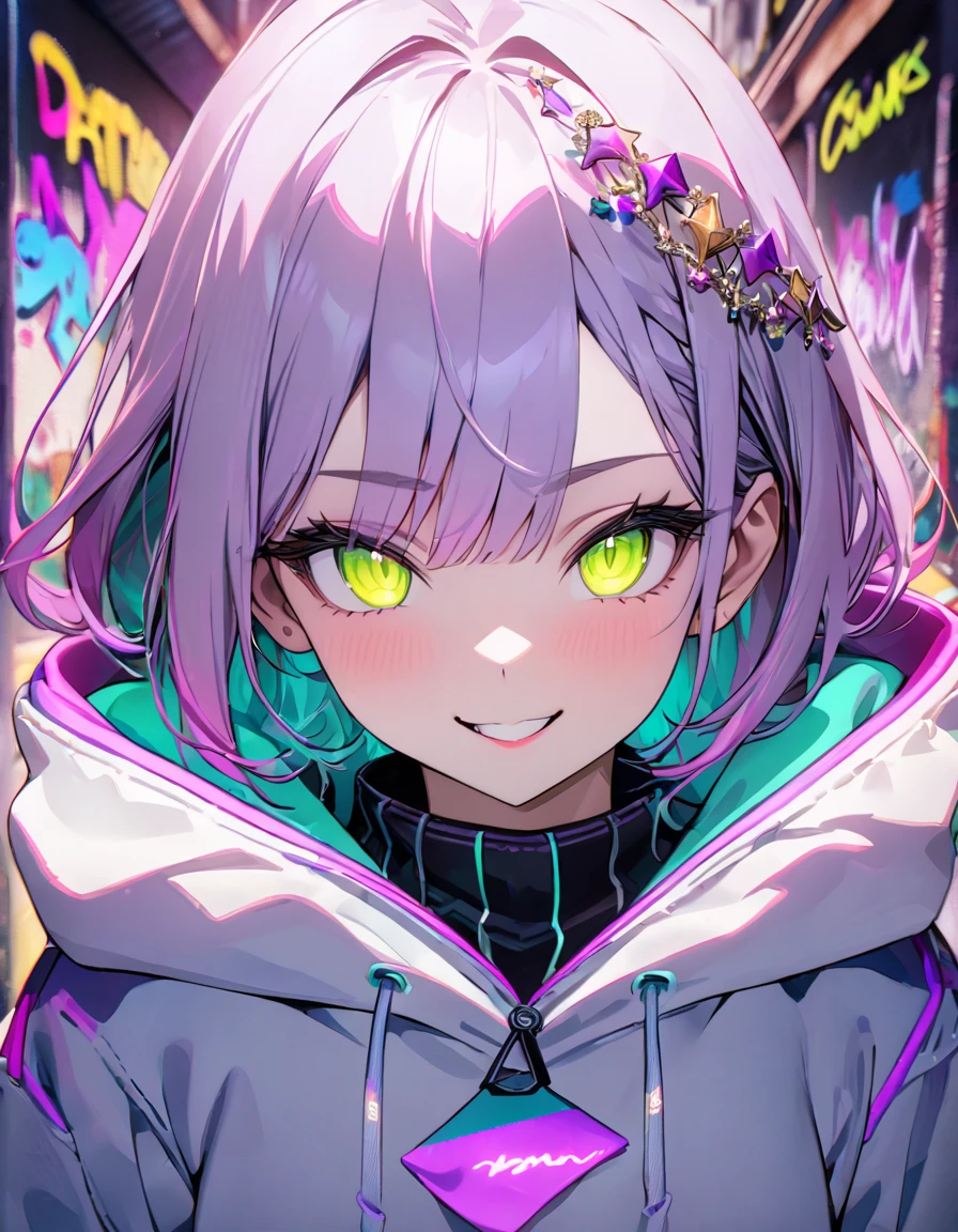 masterpiece, Best Quality, 8k, detailed background , masterpiece, Best Quality, smile,  ornament,  hoodie, Portraiture, Neon Purple, graffiti, dark, night, Shining Eyes,  Black Light 