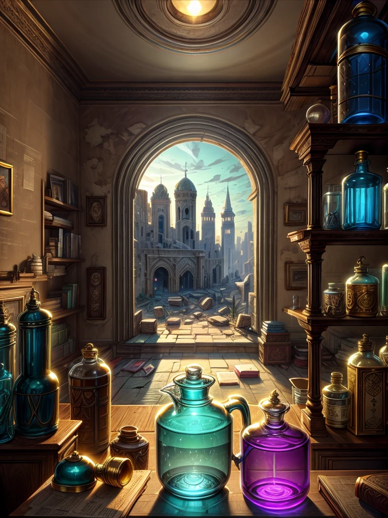 Detailed 8k girl alchemist potion on the bookshelf inside the ruins inside the ruins