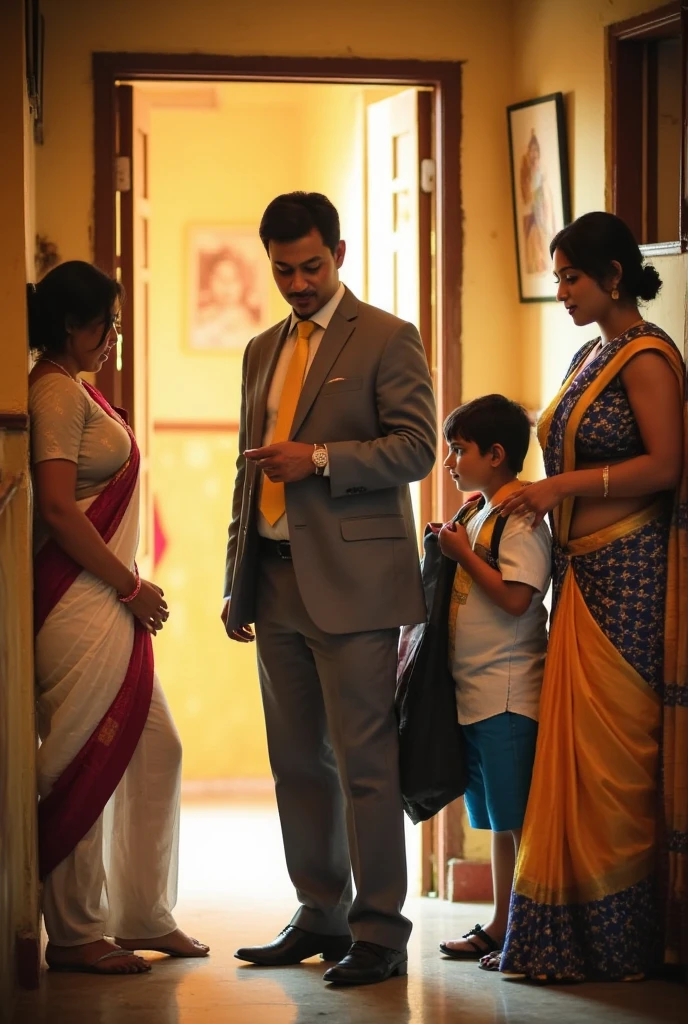 In the warm morning light, 1man, 1woman, 1boy, 1maid, ja_po, 1man, dressed smartly in a formal shirt and tie, briefcase in hand, with an air of quiet confidence as he checks his watch; 1woman, wearing a neat professional outfit, her appearance polished and poised as she finishes gathering her things; 1boy, dressed in a clean school uniform, carrying his backpack, with an eager expression as he waits by the door.

From the kitchen doorway, the kamwali watches them intently, her figure partially hidden by the doorway. Dressed in her usual simple saree, she leans slightly against the doorframe, her eyes following their every movement with a thoughtful, almost lingering gaze. Her posture is relaxed yet observant, her presence adding a quiet tension to the morning routine.

Kamwali: (to herself) “Busy day ahead for all of them. I’ll make sure everything’s perfect when they return.”

The family exchanges goodbyes, the mother smiling as she adjusts the boy’s collar, and the father giving a brief nod to the kamwali as they leave. The scene captures the everyday morning energy, with the kamwali’s subtle yet watchful presence adding an element of quiet intrigue, score_8_up, score_9, score_7_up.