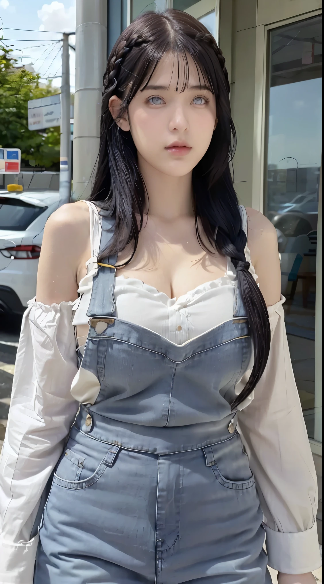 tmasterpiece， best qualityer， ultra - detailed， illustration，1girll，
long whitr hair，dark-blue hair，french braid，Purple eye，bluntbangs，cleavage，Large breasts
shirt，（jeans overalls：1.1），
mideum breasts， 
looking at viewert，hyouka/（Boruto/），Detailed lips