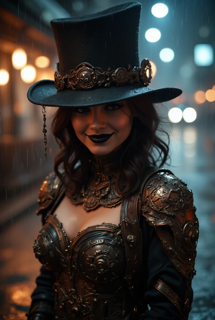 On a rainy night, the Baroness grins defiantly as she looks past the viewer. She is dressed in a daring catsuit adorned with intricate, brass gears and copper filigree. She wears black lipstick and a top-hat. 