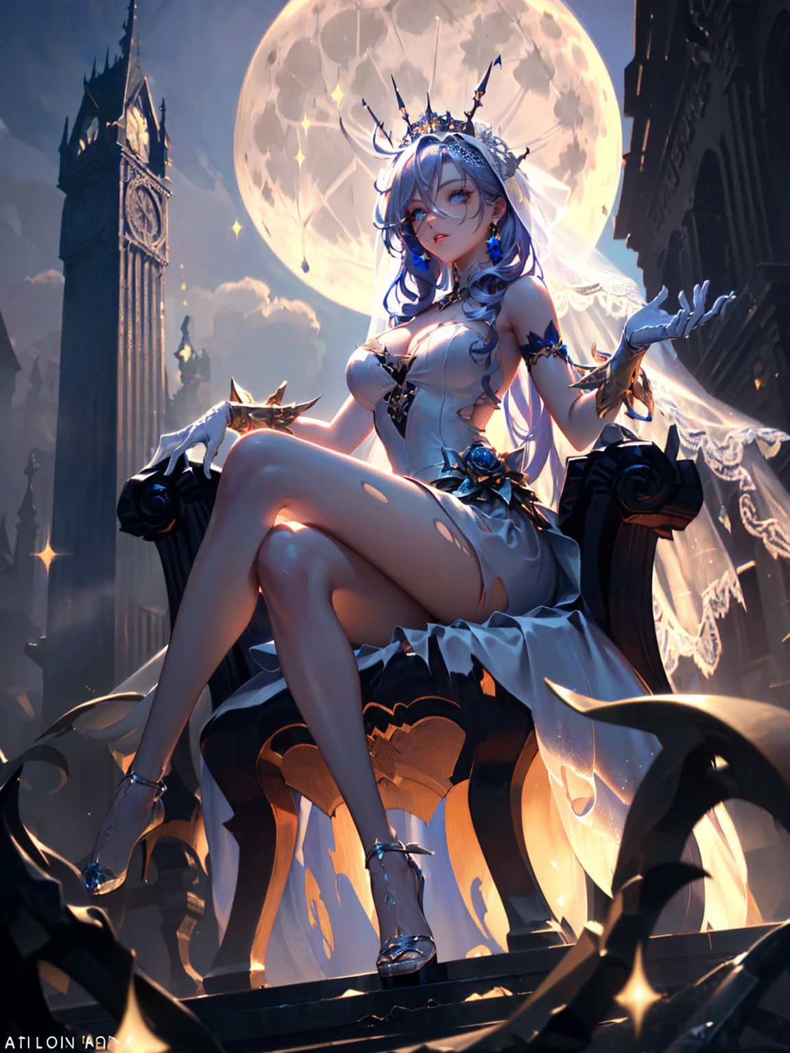 2girl, labrynth, silver hair, grey eyes, large breasts, full body, exposed thighs, exposed armpit, horns, cleavage, white dress, Ornate, laughing, night, moon, ivory, exquisite, chandelier, smug, hand over mouth, sitting, throne,crossed legs, high heels, white interior,