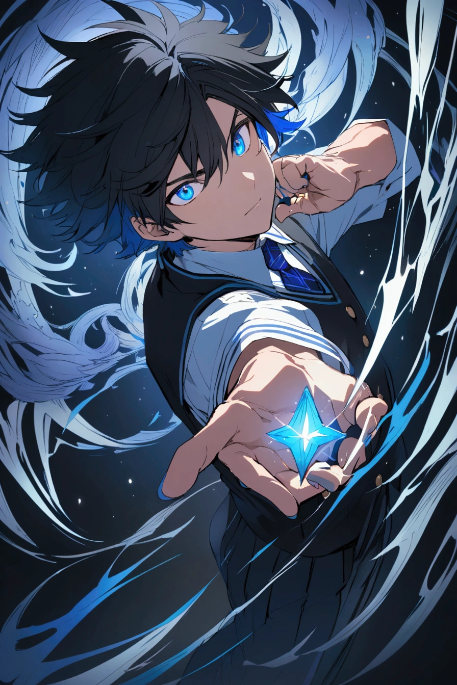 Male Anime Characters, Black Hair, Blue, Blue Eyes, Mixed Light Blue, Wearing School Male School Uniform.Black Japanese Tip