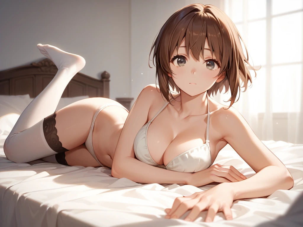 chisa kotegawa, short hair, bangs, brown hair, (brown eyes:1.5),
navel, cleavage, collarbone, white bikini, White stockings
on the bed,Lying down,Legs open, right hand on panties, left hand on bra
full body view,Single
looking at viewer, Fixed focal length lens
best quality, high resolution, unity 8k wallpaper, extremely detailed face, perfect lighting, extremely detailed CG, (perfect hands, perfect anatomy),