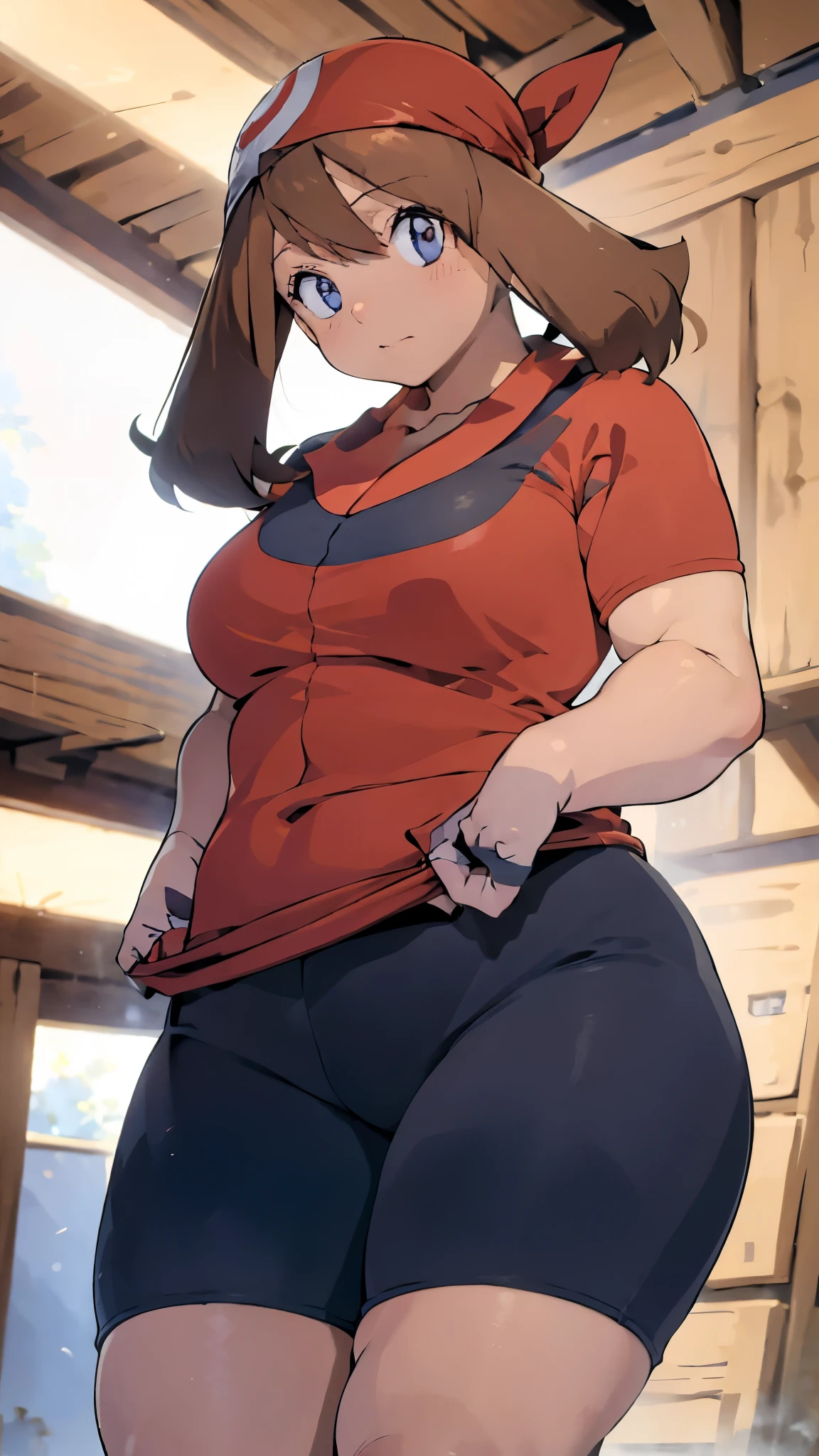 A single girl wearing a red t-shirt and black cycling shorts((  Cowboy Shots )),Brown Hair, blue eyes,short hair, chubby body,  enchanting looks  ,I'm wearing black cycling shorts((From below)),Brown Hair,Red Bandanaを頭に着けている, is standing((From below)), raise your arms ,gloves,Blushed,Happy,Hands on head, Cowboy Shots ((From below)), open thighs((From below)), THICK THIGS ,wide abdomen,Red Bandana,Camel toe,grassland