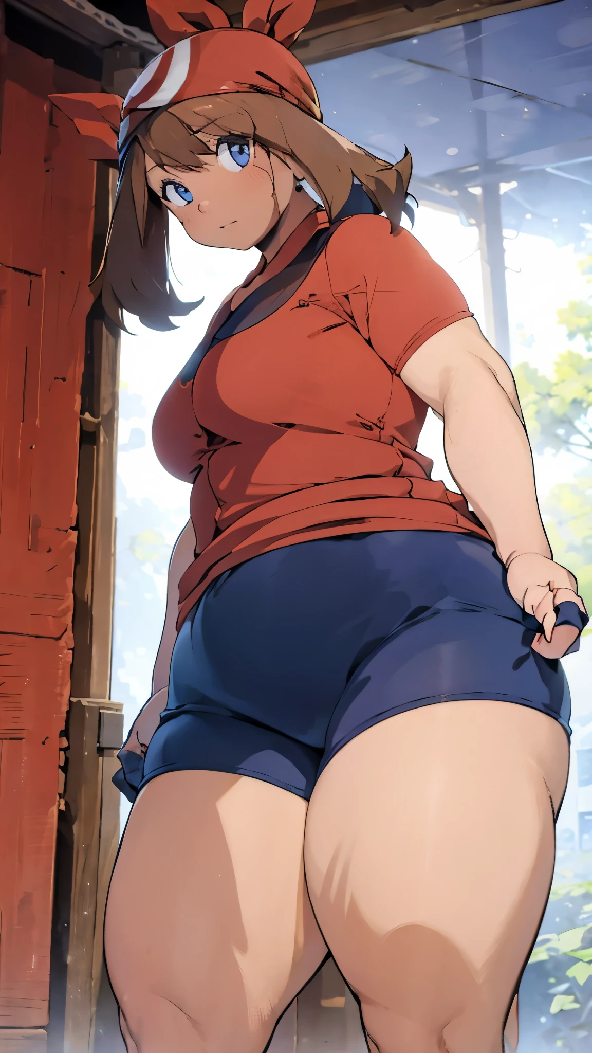 A single girl wearing a red t-shirt and black cycling shorts((  Cowboy Shots )),Brown Hair, blue eyes,short hair, chubby body,  enchanting looks  ,I'm wearing black cycling shorts((From below)),Brown Hair,Red Bandanaを頭に着けている, is standing((From below)), raise your arms ,gloves,Blushed,Happy,Hands on head, Cowboy Shots ((From below)), open thighs((From below)), THICK THIGS ,wide abdomen,Red Bandana,Camel toe,grassland