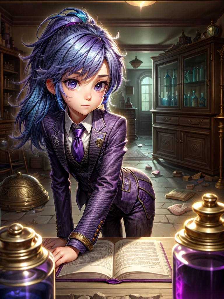 Detailed 8k alchemist girl in a purple tie free suit with blue hair and next to her there is a potion on the bookcase that is located inside the ruins inside the ruins