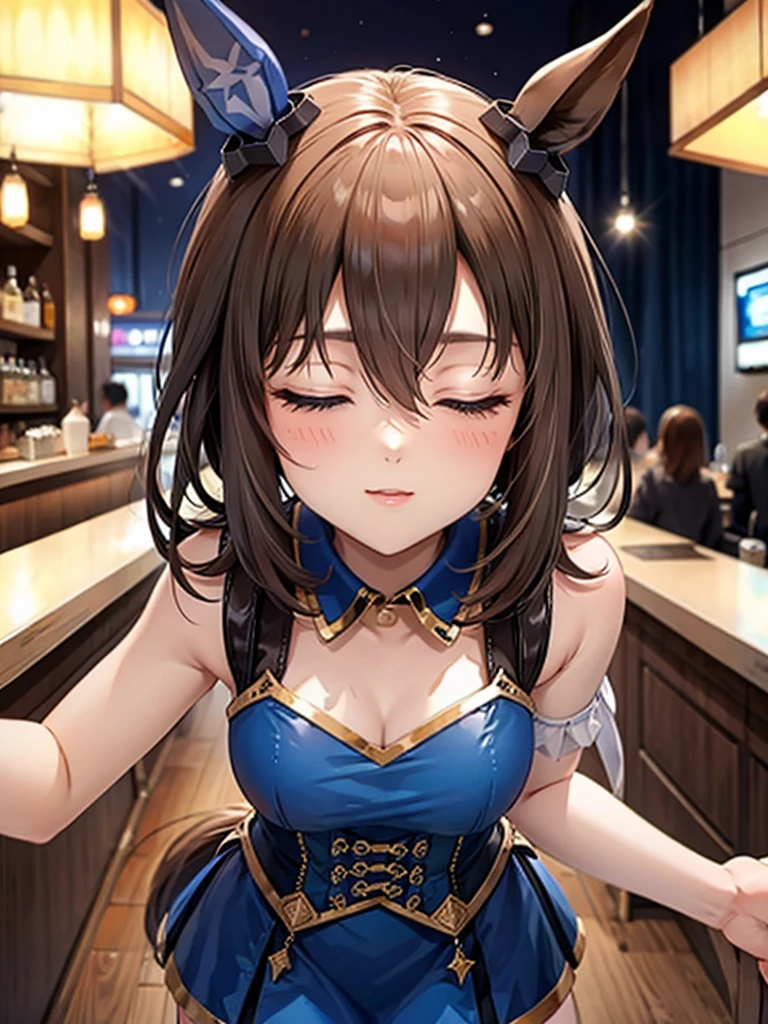 Highest quality、Super detailed、 I'm very careful about every detail、 perfect anatomy、 perfect human body structure、Admire Vega、horse ear、lounge bar、On a date、smile、blush、I'm wearing a blue china dress、Wearing fishnet tights