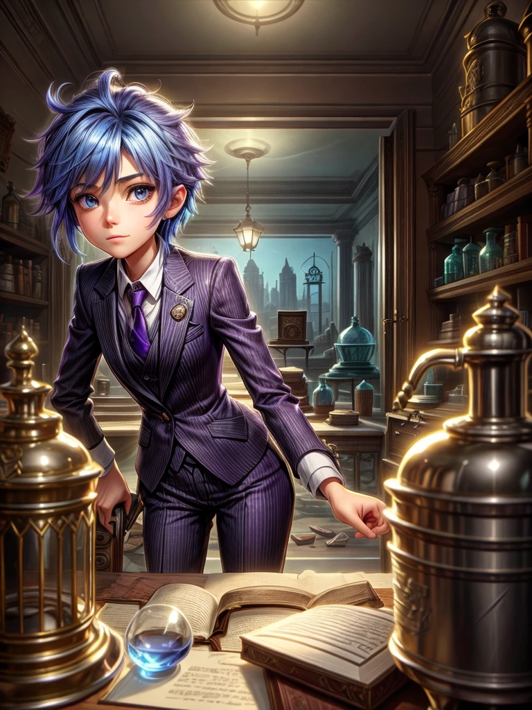 Detailed 8k female alchemist girl in a purple tie free suit with blue hair and next to her there is a potion on the bookcase that is located inside the ruins inside the ruins