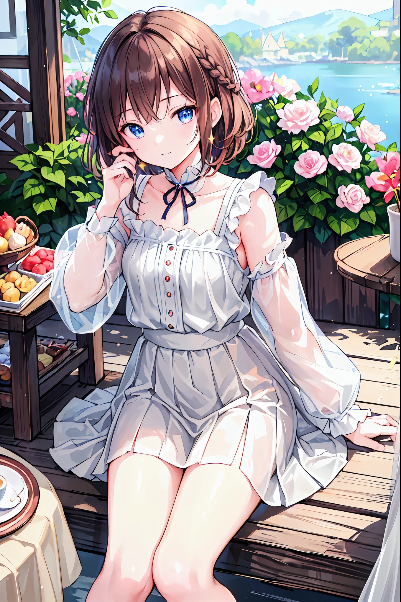 Brown Hair,Shortcuts,Messy Hair,Slender beauty,A dignified posture,Small chest,Beautiful feet,Her captivating grey-blue eyes shine like stars,masterpiece, Highest quality, Girly style, Lace dress, pastel colour, , High Waist Skirt, Ballet flats, delicate accessories, Cafe, indoor, high tea, please sit down, table,.Young and beautiful girl, Super detailed, Official Art, unity 8k wallpaper, (Fashion magazine cover:1.3), break (masterpiece:1.2), Highest quality, High resolution, unity 8k wallpaper, (shape:0.8), (Beautiful attention to detail:1.6), Highly detailed face, Perfect lighting, Extremely detailed CG, (Perfect hands, Perfect Anatomy),