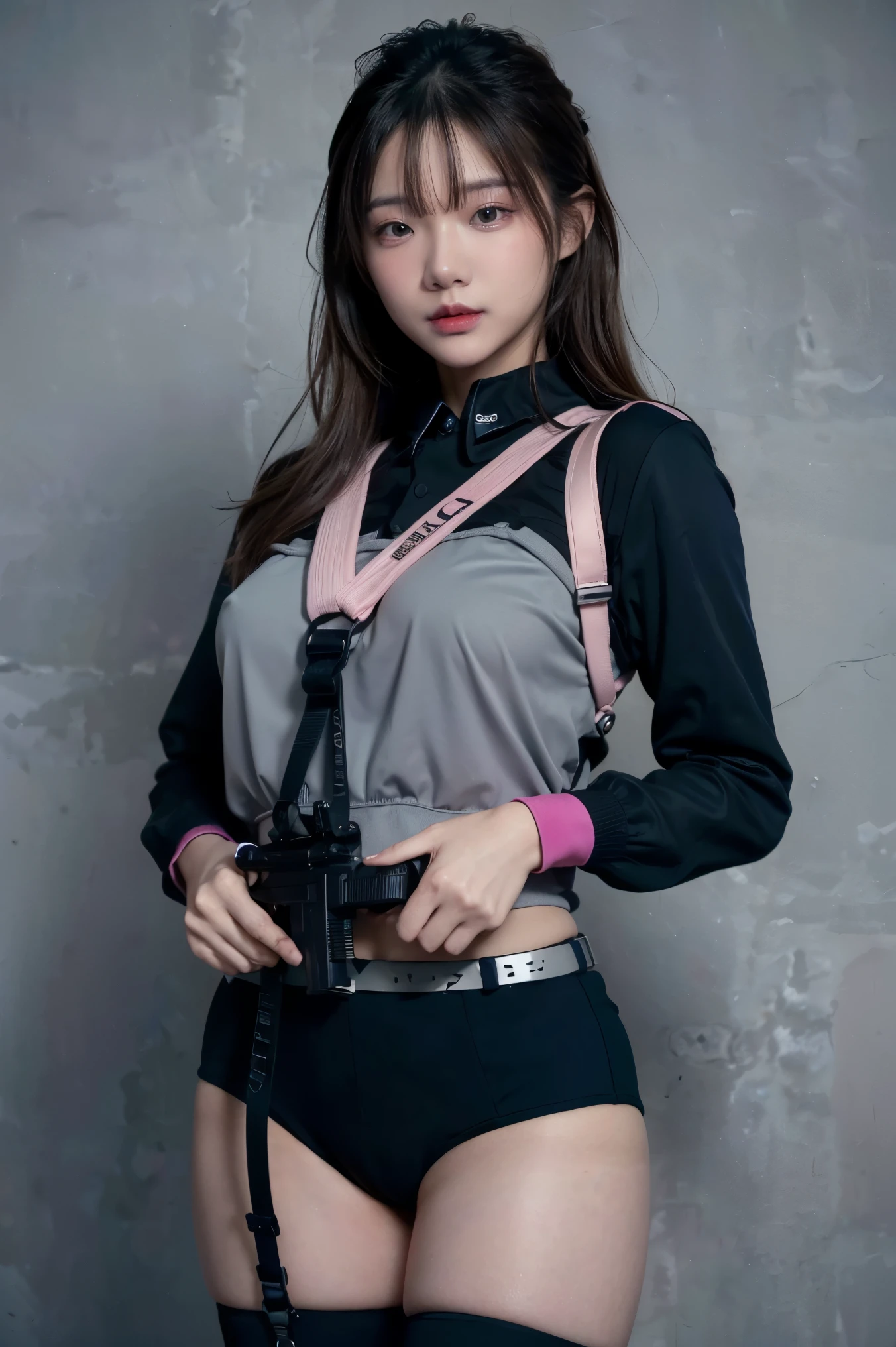 (Highest image quality, outstanding details, ultra-high resolution), (realism: 1.4), favor details, highly condensed 1 beautiful Korean girl, with a delicate and beautiful face, ((cowboy shot)), (a bit chubby:0.4), (wearing black racing suit likes police uniform, black and pink mecha, wearing military harness, holding a machinegun), background simple grey concrete,