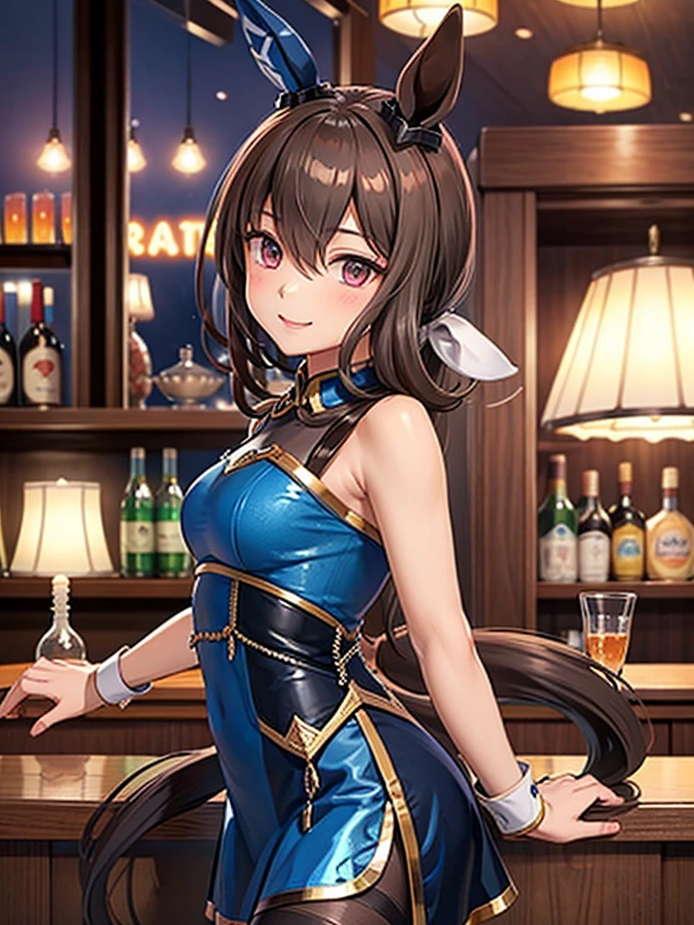 Highest quality、Super detailed、 with great attention to detail、 perfect anatomy、 perfect human body structure、Admire Vega、horse ear、 wearing a china dress、Wearing fishnet tights、Blushing、smile、Dating at the lounge bar 