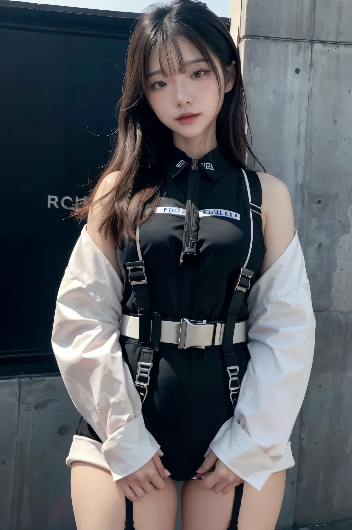(Highest image quality, outstanding details, ultra-high resolution), (realism: 1.4), favor details, highly condensed 1 beautiful Korean girl, with a delicate and beautiful face, ((cowboy shot)), (a bit chubby:0.4), (wearing black racing suit likes police uniform, black and pink mecha, wearing military harness, holding a machinegun), background simple grey concrete,