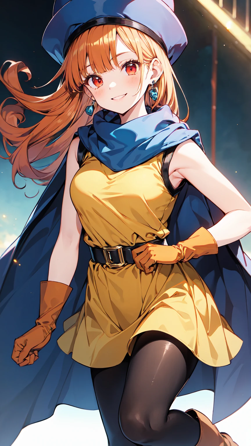 Arena - DQ4, DQ4-Arena, black pantyhose , blue cloak, blue hat, boots, curly hair , earrings for a woman alone,Long Hair, orange gloves , orange hair,red eyes,Sleeveless,Yellow Dress, yellow skirt,  1 girl, Alone, Face-to-Face Audience ,  Watch Viewers , smile