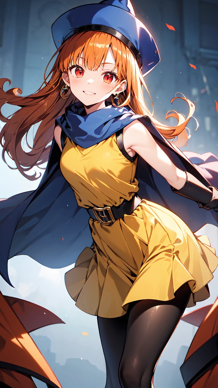 Arena - DQ4, DQ4-Arena, black pantyhose , blue cloak, blue hat, boots, curly hair , earrings for a woman alone,Long Hair, orange gloves , orange hair,red eyes,Sleeveless,Yellow Dress, yellow skirt,  1 girl, Alone, Face-to-Face Audience ,  Watch Viewers , smile