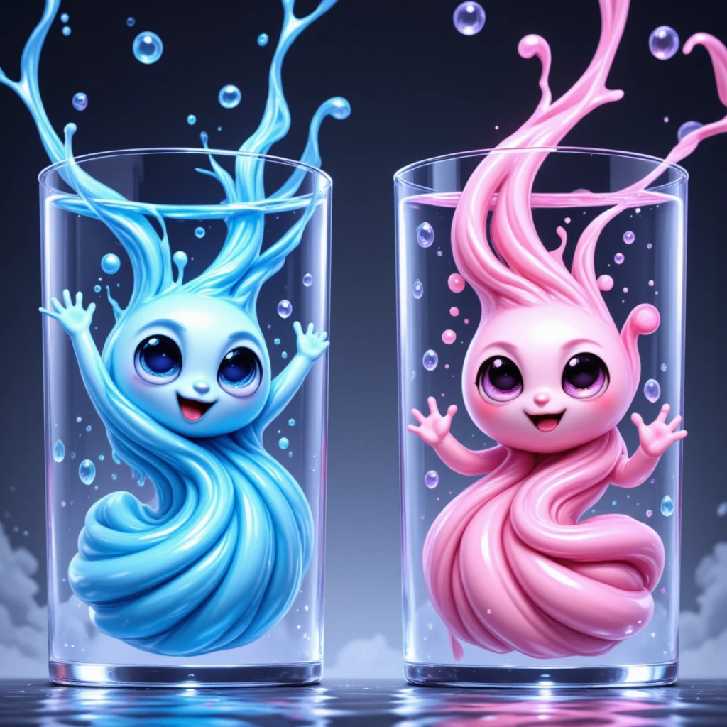 There are two acrylic tanks, one with blue water and one with pink water, from which cute little slimes emerge.