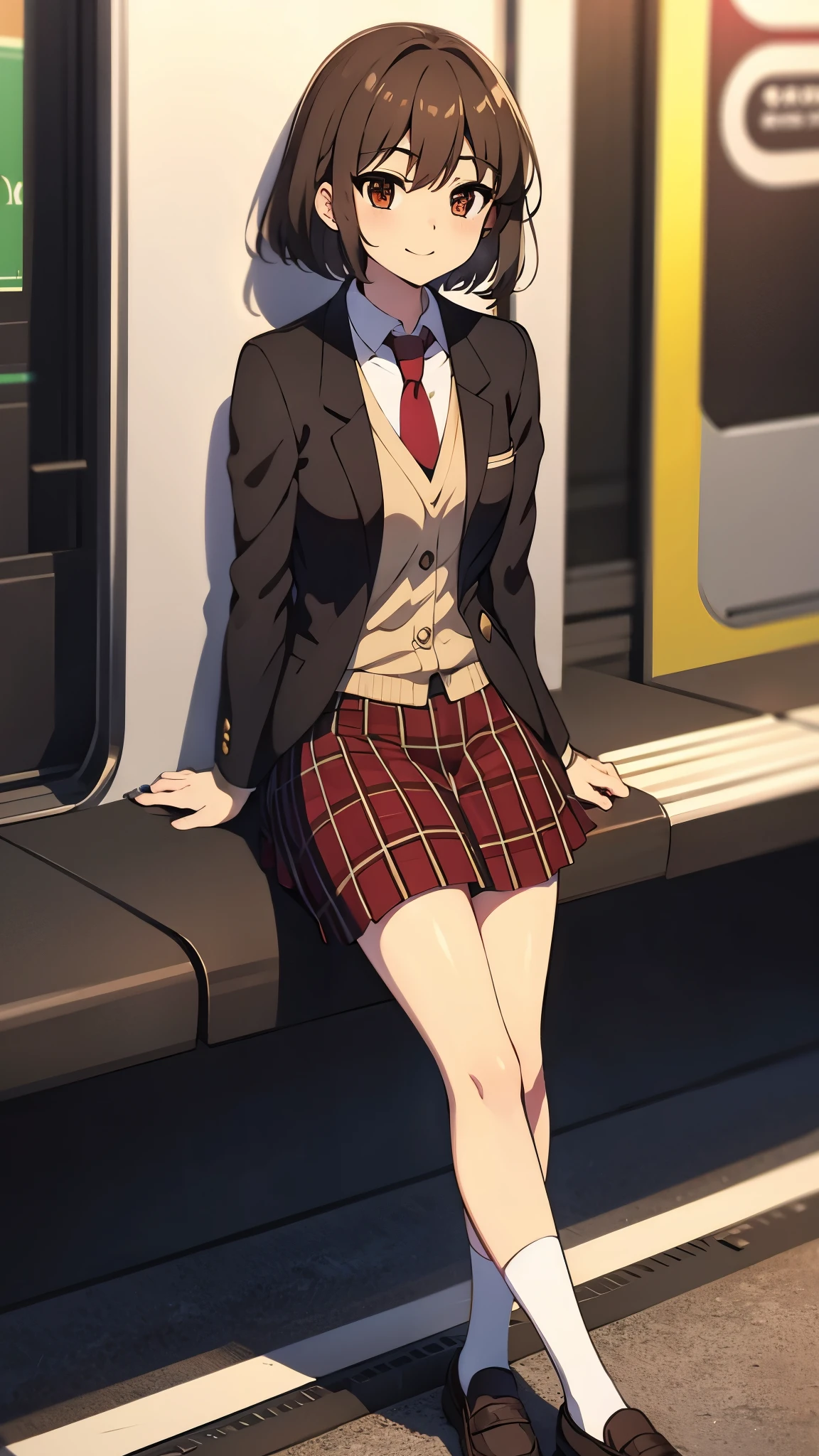 in train station platform, anime style, expressionless, gazing upwards, ultra high res, break white socks1:4, break Best quality, adult body, UHD, black blazer, red tie, red plaid pattern skirt, brown loafer, sharpen, 32k, masterpiece, intense gaze,