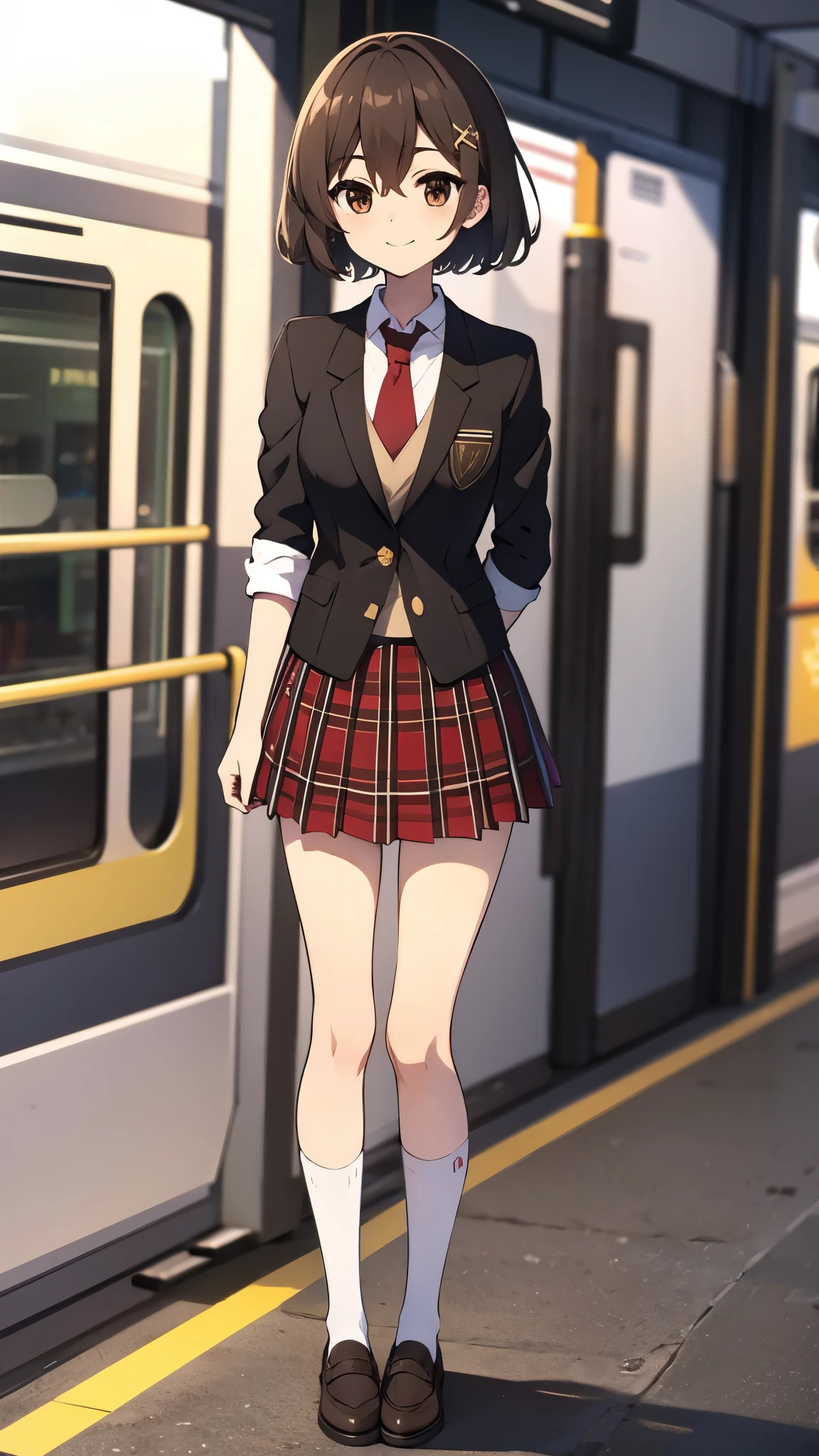 in train station platform, anime style, expressionless, gazing upwards, ultra high res, break white socks1:4, break Best quality, adult body, UHD, black blazer, red tie, red plaid pattern skirt, brown loafer, sharpen, 32k, masterpiece, intense gaze,