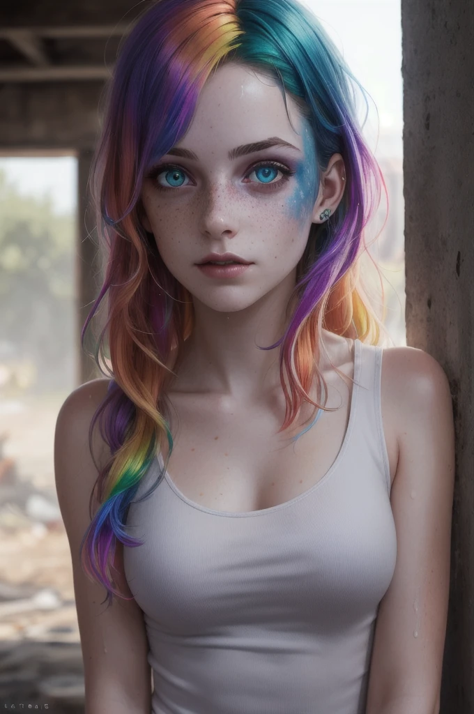 masterpiece,best quality,illustration,{beautiful big breasted girl with beautiful details},beautiful detailed light,(war flames:1.2),(nuclear explosion behind:1.3),rain,detailed lighting,detailed water,(detailed eyes beautiful:1.1),no expression , palace, blue hair, messy hair, long bangs, hair between the eyes, (nude: 1.1), black ribbon, white bow tie, stomach, big forehead, blank look, flowers , long sleeve