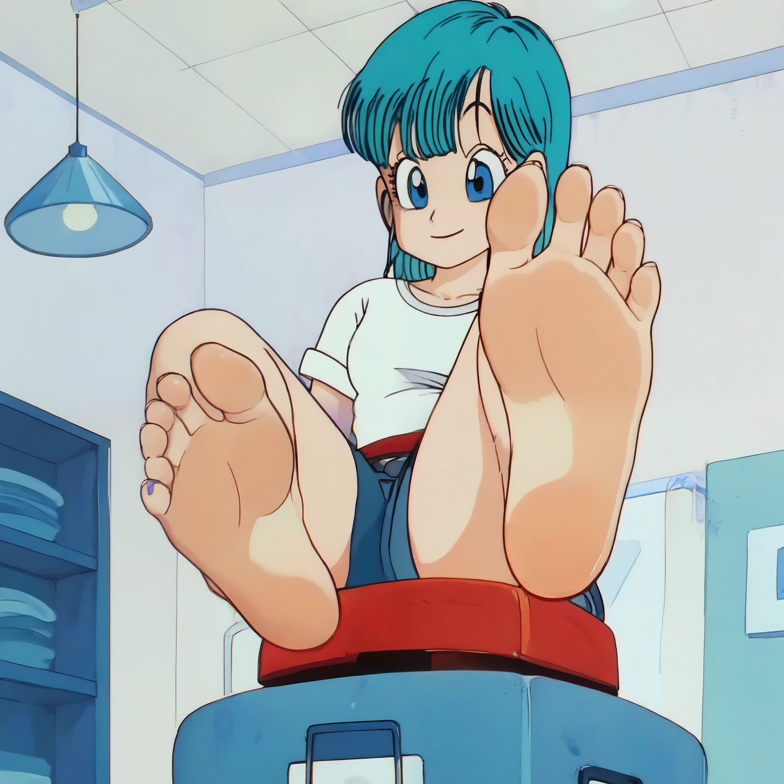 source_anime, score_9, score_8_up, score_7_up, anime screencap,8k, absurd res, 
bulma, 1girl, solo, short hair, blue hair, official style, white undershirt, barefoot, soles, 
from below, foot focus, in the room of a hospital, looking at viewer