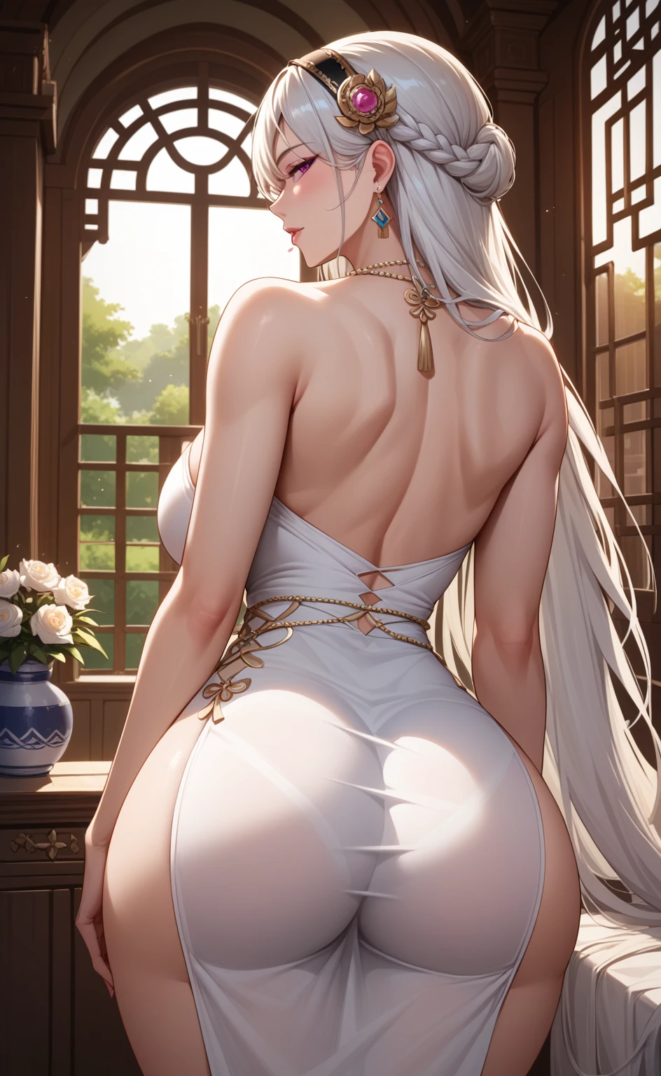 ((masterpiece)), Highest quality, Very detailed,(One Girl), master piece, best quality, score_9, score_8_up, score_7_up, source_anime, yihwa yeon, long hair, White hair, hair ornament, pink eyes, very long hair, Chinese goddess ,hairband, large breasts, collarbone, beautiful sexy dress, princess,hair ornament, jewellery, accessories waist chain, wuxia world background, nsfw, Score_9, Score_8_up, Score_7_up, Score_6_up, Score_5_up, Score_4_up, Source_anime, Tag1, Tag2, Best quality, High quality, Detailed, High resolution, 8k, Ultra high res, Soft saturation, Professional quality, Perfect contrast, Perfect lighting, Anatomically correct, Huge breasted, Wide hips, Gargantuan butt, Sensual woman, mature female, milf, motherly, seductive BREAK Face focus, standing , standing, leaning forward, sexy face, horny looking, ancient building in background , back view, rear view, showing ass, cutout on butts area, 