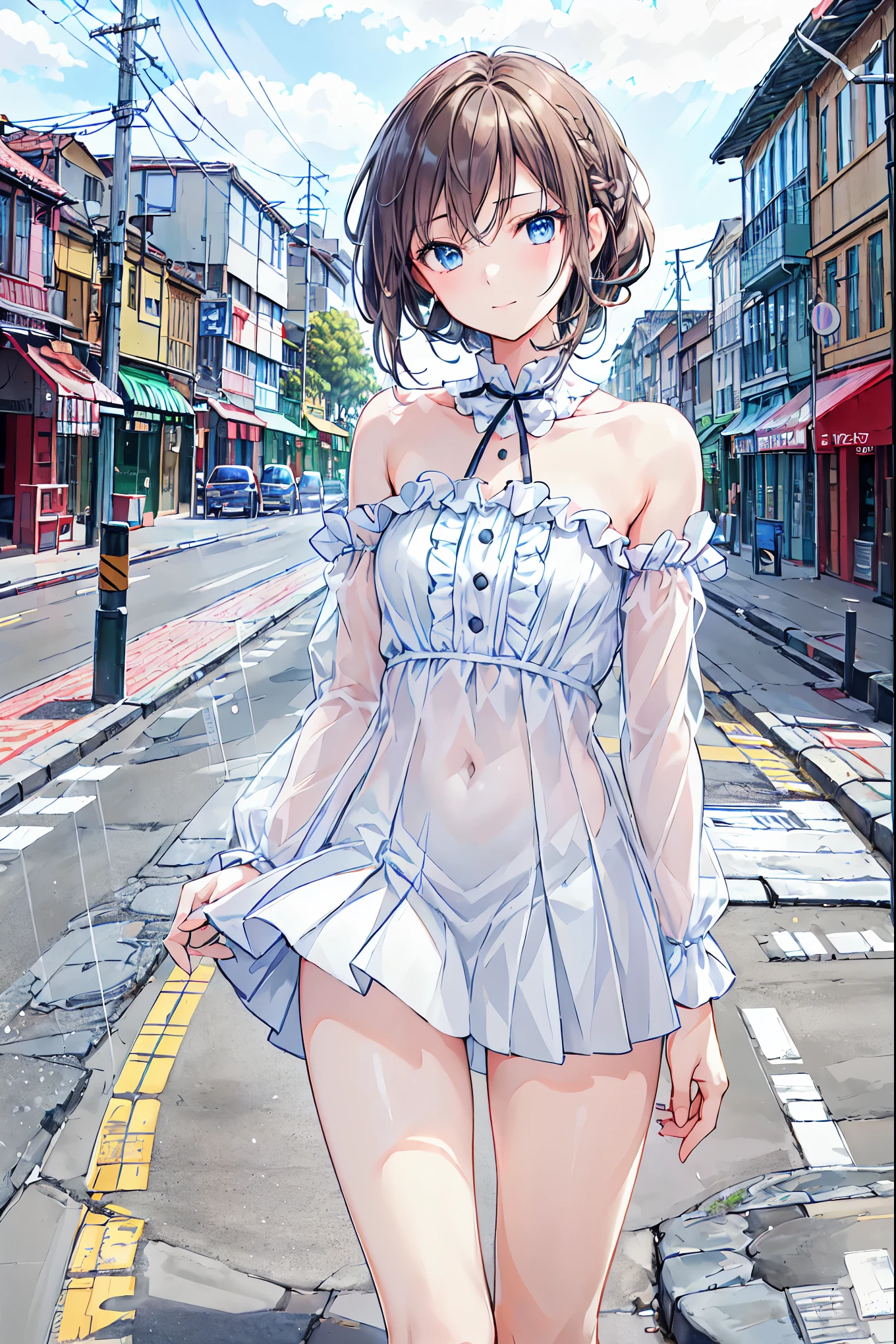 8k,highest quality,masterpiece,(((Pixel Perfect, Perfect in every detail))), alone, 1 girl, ,Mycotrose, Brown eyes,Brown Hair,short hair,Looking at the audience,Off-the-shoulder dress,Bare neck,Bare shoulders,Bare neck,Shorts,Black knee socks,short boots, Close your mouth,Wet Naked,Wet clothes,Wet Hair,night,rain,Puddle,Cloudy,Tears stream down her face,Crying with joy,Cry a lot,Are standing,So that the whole body goes into the illustration,(masterpiece:1.2), highest quality, High resolution, unity 8k wallpaper, (shape:0.8), (Beautiful and detailed:1.6), Highly detailed face, Perfect lighting, Highly detailed CG, (Perfect hands, Perfect Anatomy),