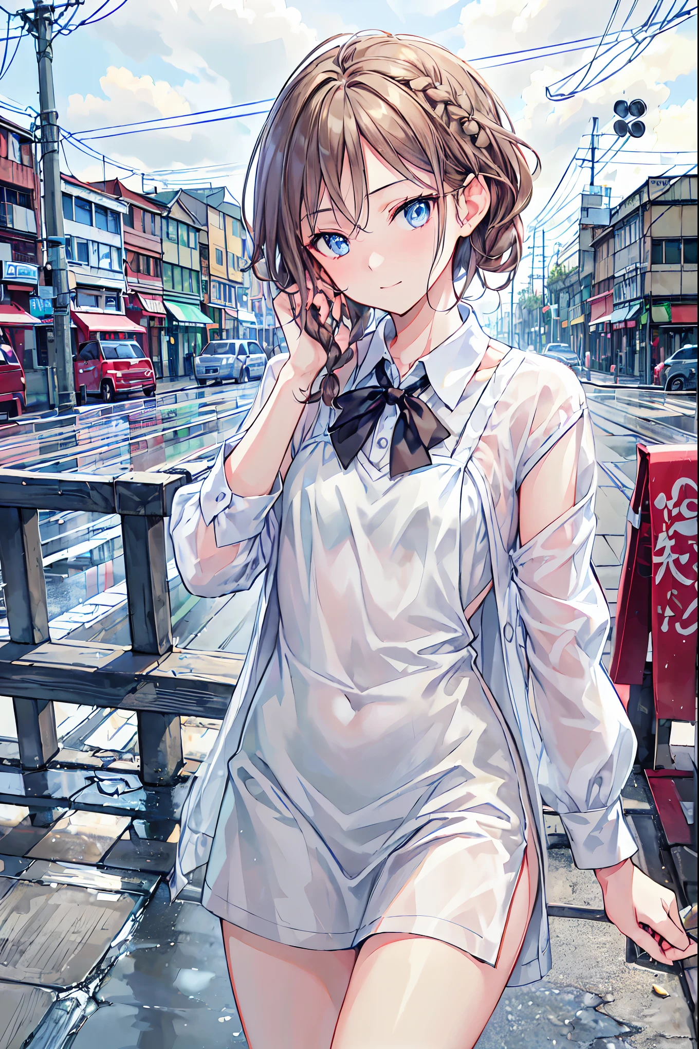 masutepiece, Best Quality,Illustration, Wallpaper, Ultra Detail, absurderes, 1girl in, Solo, (Semi-long hair、short braided hair), Beautiful detailed eyes, rainfall、water dripping、wetting hair , Wet clothes, (Street:1.3), Cloudy sky、Hair that flutters in the wind