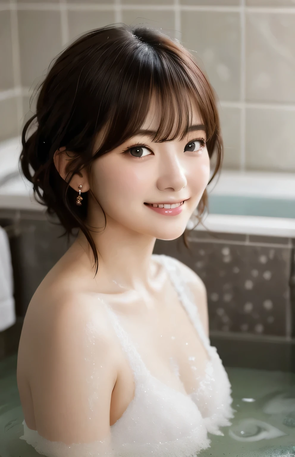 masterpiece, Highly Detailed CG Unity 8k Wallpaper, young woman, 20s, Japanese idol, Upper Body, Beautifully detailed face, parted lips, Medium Hair , Disheveled Hair, asymmetrical bangs , Chestnut Hair,Luxury hotel bathroom, Soak in a bubbly bubble bath, Soap bubbles covering the bathtub, Smiling at the camera