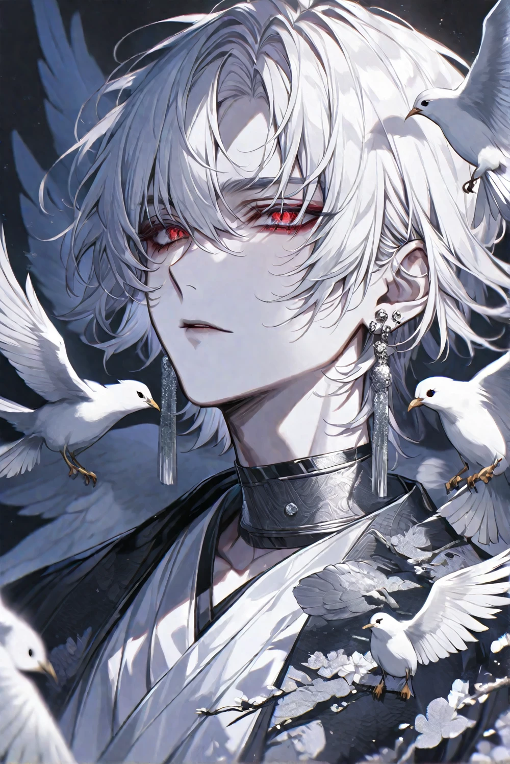 solo, handsome, 
1. male,
hime cut,Straight Hair,short Hair, 
White hair, 
Gojo Satoru ,
red Eyes,Soft look,beautiful,beautiful,sexly,Darkness,Lots of silver earrings,choker,
White OVERsize パーカー,
White skin,bird,wing,
White background,