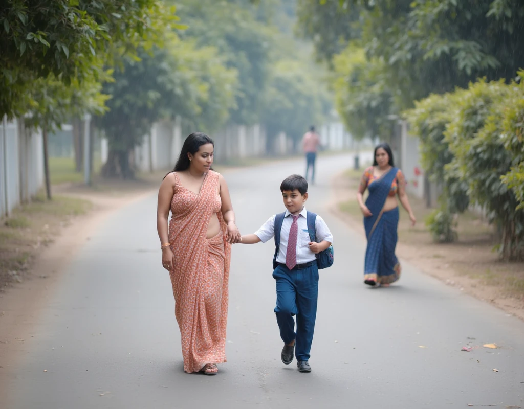 In the calm morning street, 1woman, 1boy, 1maid, ja_po, 1woman, dressed in a modest yet elegant outfit, her hair neatly tied back, giving her an air of poise and care. She holds her son’s hand gently as they walk side by side, her face softened with a warm smile as she listens to his excited chatter about the day ahead. Occasionally, she leans down to his level, nodding and responding attentively, her expression filled with a nurturing warmth that reflects her dedication as a mother.

1boy, clad in his clean school uniform, a well-pressed shirt, tie, and small backpack slung over his shoulders, radiates a sense of youthful energy as he skips alongside his mother. His eyes light up as he points out interesting things along the way—a colorful bird, a passing car, or a neighbor’s friendly dog. His enthusiasm is met with his mother’s gentle laughter and encouraging nods, fostering a cheerful bond between them.

1maid, following a short distance behind, is dressed in a simple, thin saree that drapes effortlessly around her figure. She moves with quiet steps, her demeanor subtle and observant as she watches the mother and son from afar. Her gaze is focused, following each of their interactions with an air of fascination. Occasionally, she pauses to adjust her saree or take a step back when they glance in her direction, ensuring her presence remains unnoticed. Her expression is tinged with a mix of curiosity and something unspoken, as if she is carefully studying the warmth between mother and .

The street remains quiet, with the sound of leaves rustling and soft morning birdsong in the air. The mother remains unaware of the kamwali’s watchful eyes, her focus solely on her son, as they continue their walk, unaware of the subtle presence trailing behind them, score_8_up, score_9, score_7_up. 🌞