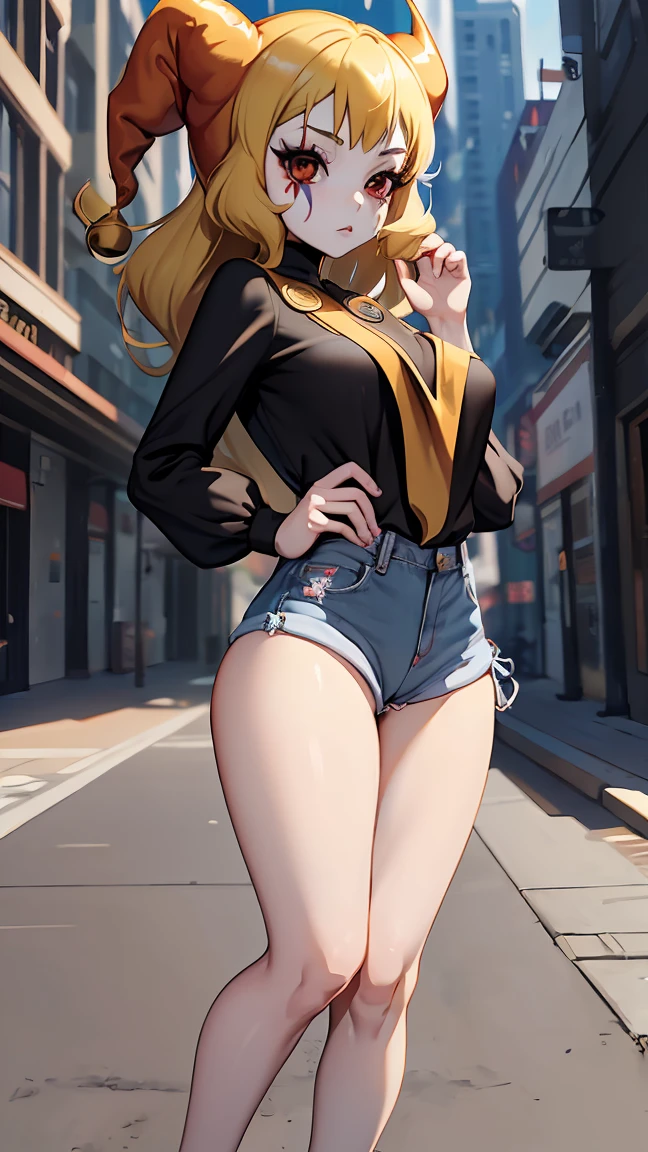 1girl, anime girl, anime, , 2d girl, 18y, (fullbody), standing, anime girl, pensive, (blonde hair), ((black blouse)), Solo, Slim, large breasts, big , big Breasts, Tight Shorts, low waist shorts, upshorts, skyscrapers background, modern city, looking at viewer, darker shadows, (((Wedgie))), (((explicit))), (((shorts))), (((absurdres))), (((thigh gap))), (((cleft of venus))), (((lowleg shorts))), (((innie pussy))), (((inniepussy))), (((innie_pussy))), harle_\(chrono_cross\), facepaint, red_jester_cap, thick thighs, wide hips, narrow waist