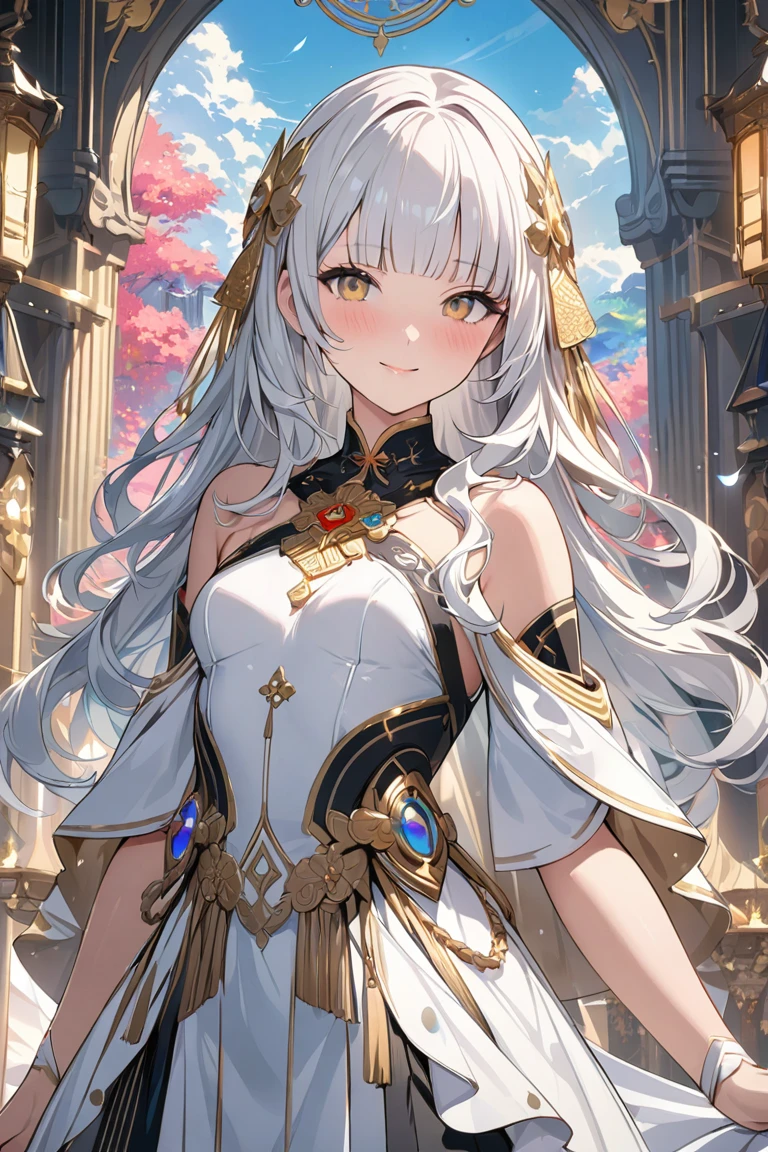 panoramic ((A paradise of unparalleled beauty)) (many Mythical Beasts ), and (in a detailed white dress), (solo straight silver hair long hair immensely cute lady, 20 yo, lovely red eyes, big tits, lovely smile), head is detailedGold Circlet, BREAK, perfect anatomy, masterpiece, best quality, 16k, beautiful detailed grow, daydreaming expression.