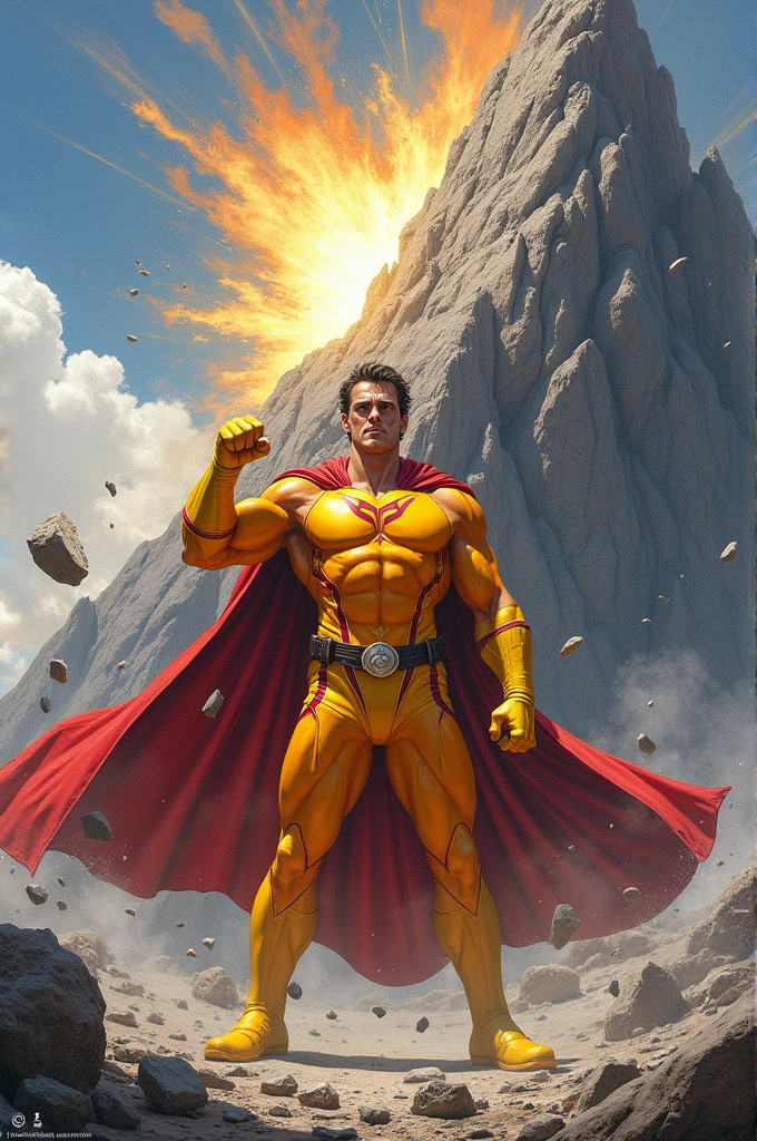 Hero with cape and glove destroying mountain with one punch, yellow and orange clothes, mountain with hole