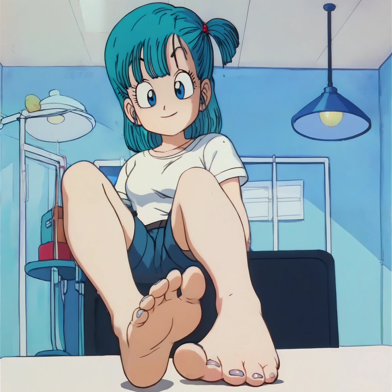 source_anime, score_9, score_8_up, score_7_up, anime screencap,8k, absurd res, 
bulma, 1girl, solo, short hair, blue hair, official style, white undershirt, barefoot, tops of the soles, 
from below, foot focus, in the room of a hospital, looking at viewer