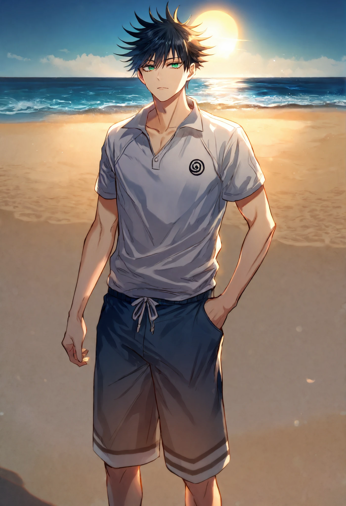 1 male, short hair, white hair, blue eyes, teenager, calm expression, beach, shirtless, Soft boy face slightly muscular, handsome (best quality,4k,highres,masterpiece:1.2),dramatic lighting,vibrant colors,fullbody