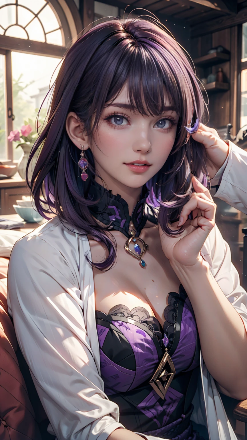 araffes with Purpleの髪 is getting her hair done, Hair Color, Purpleのハイライト, 髪にPurpleの筋, Purpleの髪, UV highlights, flowing Purpleの髪, Purpleの髪, long Purpleの髪, Lavender colored hair, Purpleの長い髪, Purpleの長い髪, Two-tone hair, Lilac hair, Bright rainbow hair colors, Purple, Dye your hair, long Purpleの髪、mature female body、Sexy、Sexy proportions、Long eyelashes、Short pigtails((short twintails))、Purple inner color、Crystal Earrings((crystal earrings))、A seductive smile((seductive smile))、Engage your audience