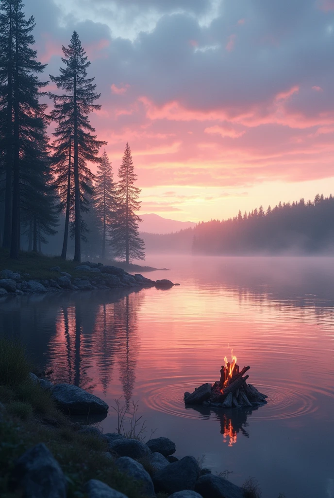 Soft morning light over a serene lake, where gentle ripples mirror the colors of dawn—pinks, blues, and oranges blending seamlessly. Tall pine trees stand quietly along the horizon, and a small bonfire by the water’s edge adds a cozy warmth to the peaceful scene