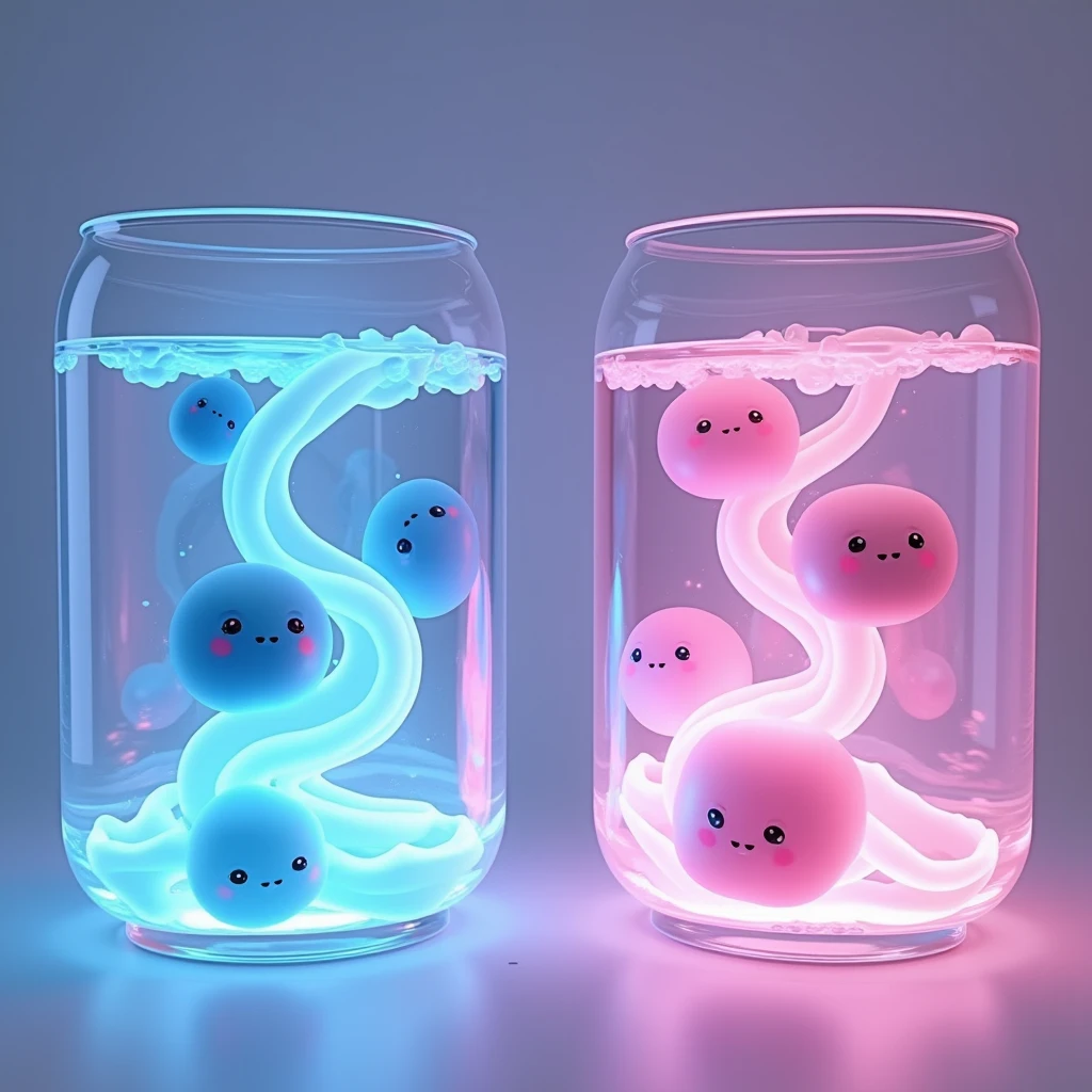 There are two acrylic huge tanks, one with blue water and one with pink water, from which cute chibi round shaped slimes emerge.