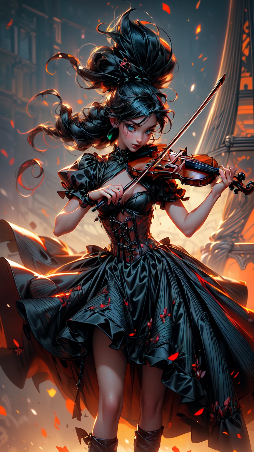 (masterpiece), anime style, 1girl, expressive eyes, beautiful face, black mascara, sharp mascara, thick eyelashes, ((black lipstick)), black eye shadow, smiling, lovely,  red cheeks, ((green eyes)), ((long black hair)) , braids, steampunk_costume, corset, hat, check the images for more, violin, playing violin