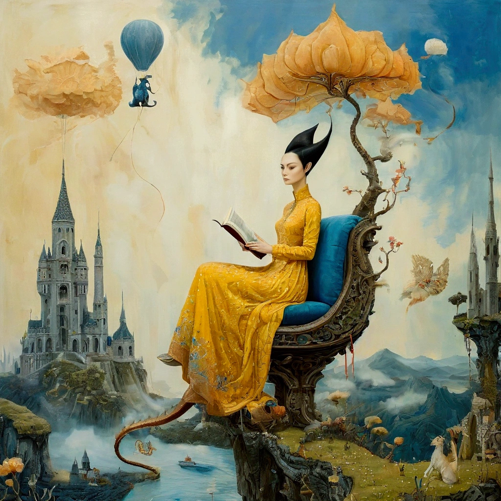 Naive art, Amanda Clark, Zdzisław Beksiński, Jacek Yerka and Yossi Kotler style mix,, impasto brushstrokes texture. Panoramic view. Oil on canvas painting, glossy color, reflective. An elegant tall woman in a long, saffron yellow coloured dress decorated with intricate blue motifs sits on a chair with a short-haired Siamese cat on the left and a dragon on the right. He reads a book in the middle of a great plain and observes his kingdom made up of castles with towers rising towards the sky, knights and ladies, drawbridges, hills, trees. Flying dragons, clouds and balloons. intricate floral patterns, fine details, Renaissance and Gothic vibes.
